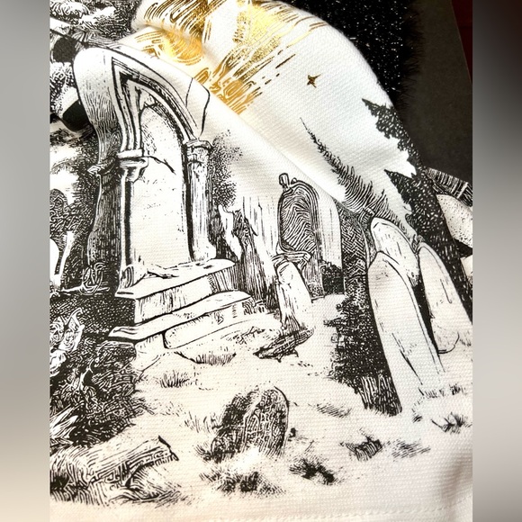 2 Halloween Haunted Graveyard Kitchen Towels Metallic Gold Moon Black Tombstones - Picture 8 of 10